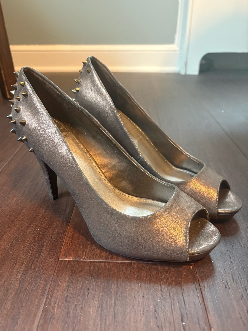 Fergalicious Metallic Brown Peep-Toe Heels with Gold Spikes